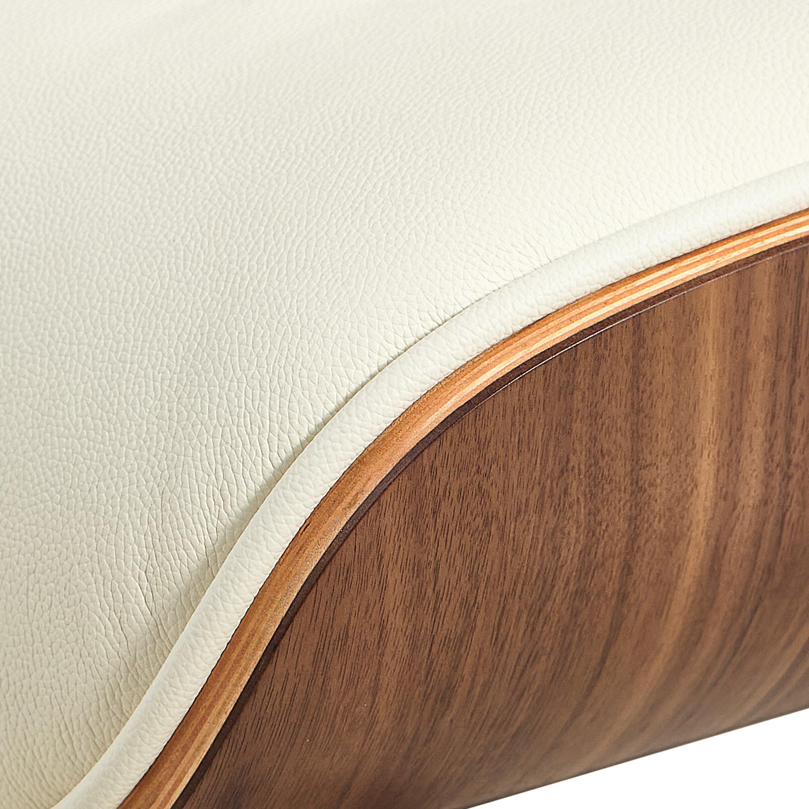 Lounge Chair Cream & Walnut Close up, ottoman zoomed angled Lounge Chair Cream Walnut Close up ottoman zoomed angled